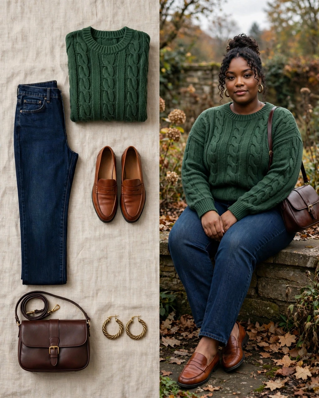 forest cable-knit sweater with dark indigo jeans