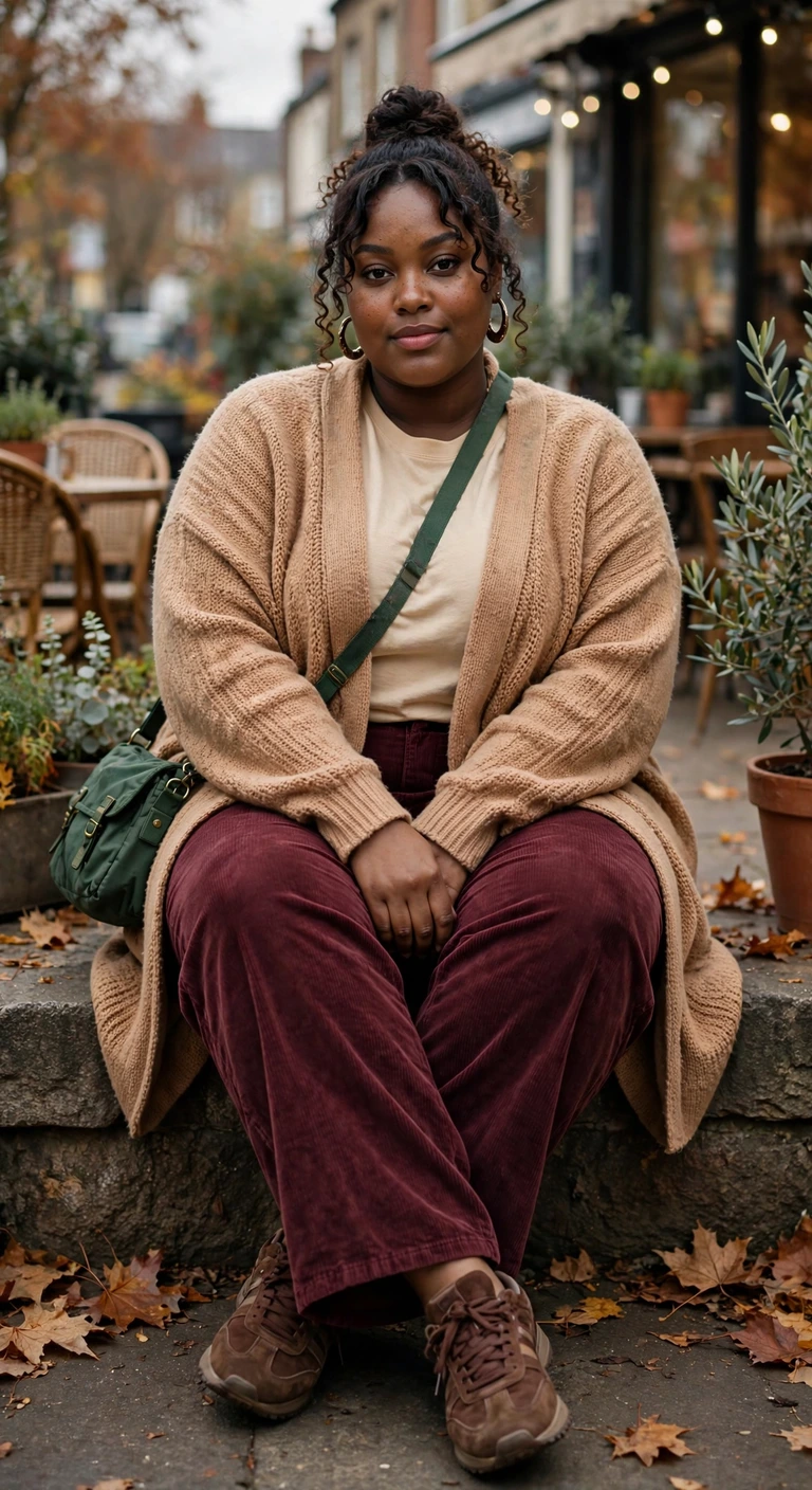 camel cardigan with burgundy corduroy trousers