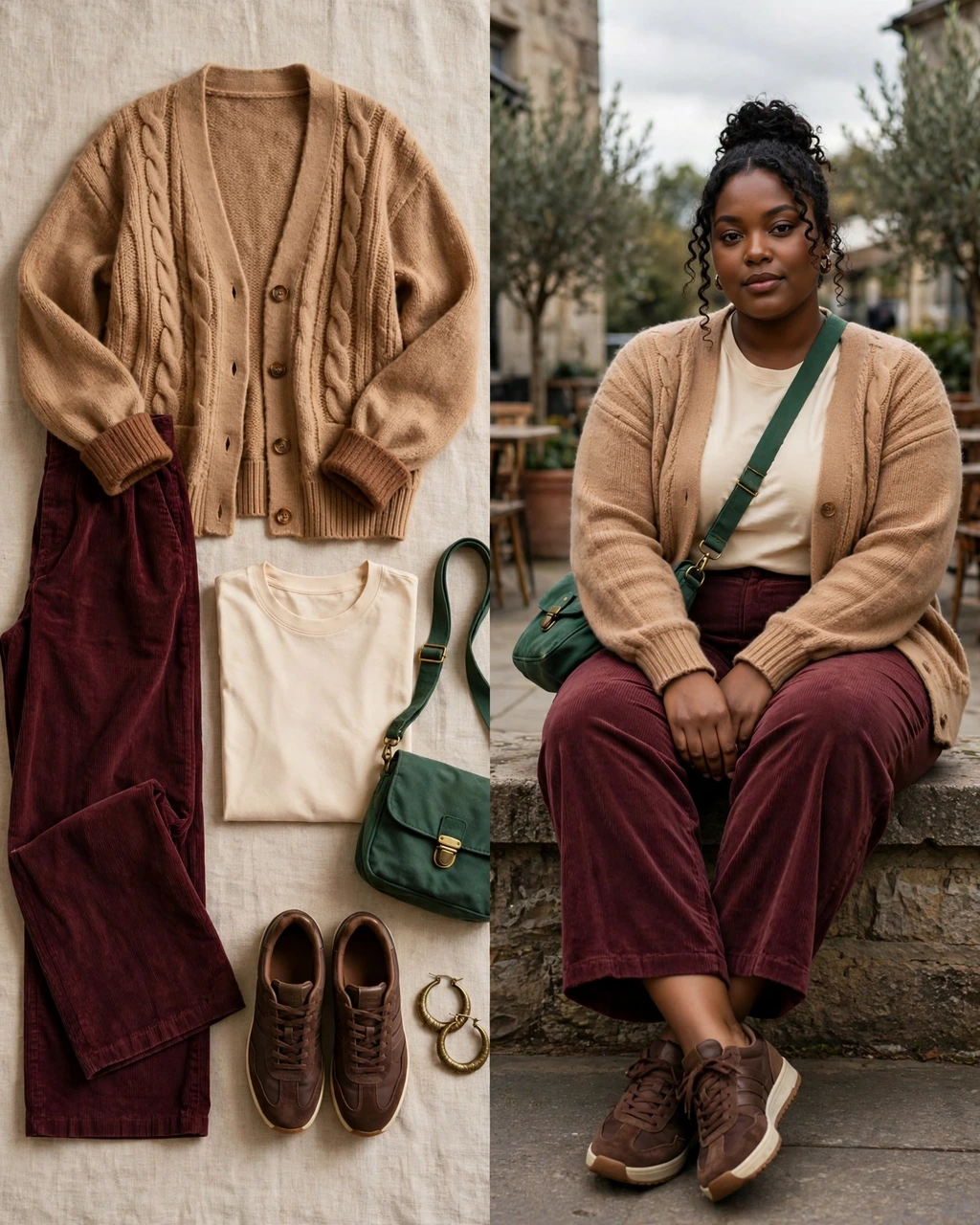 camel cardigan with burgundy corduroy trousers