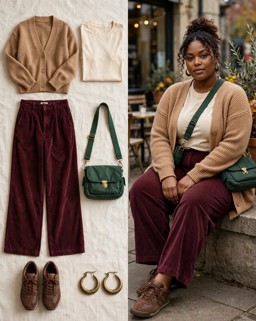 camel cardigan with burgundy corduroy trousers