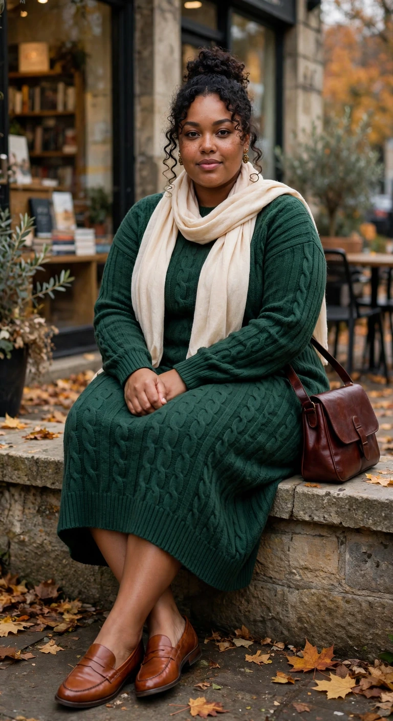 forest sweater dress with cognac loafers